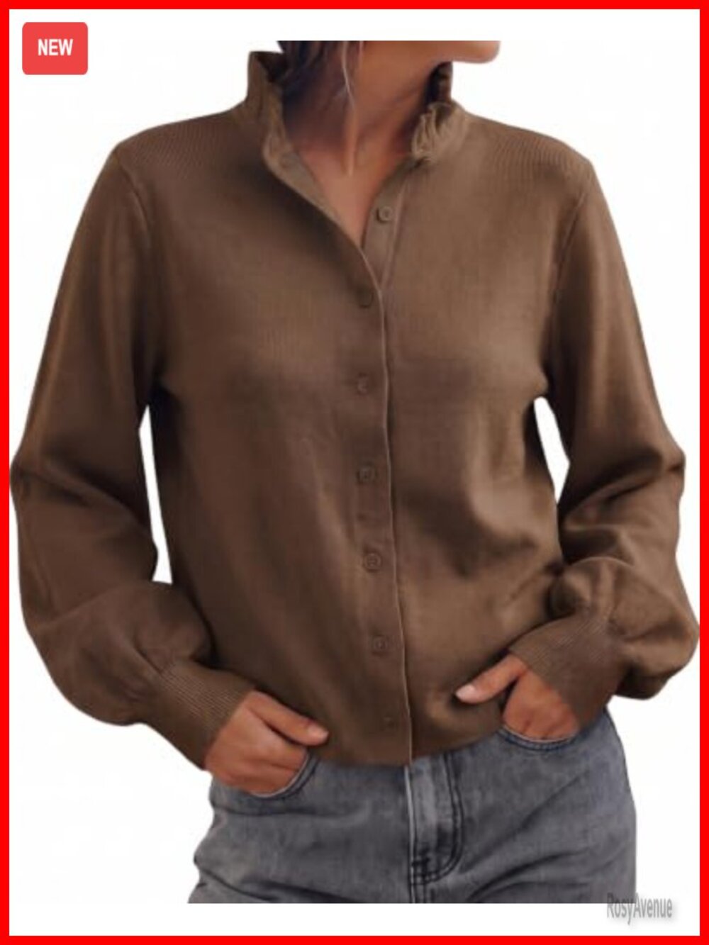 Puff Long Sleeve Cardigan Ruffle Collar Button Front Loose Knit Sweater